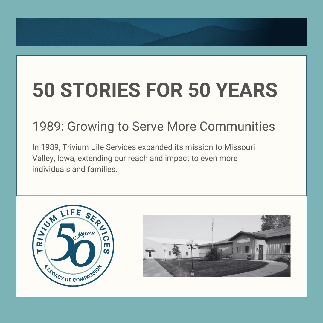 TriviumLifeServ's tweet photo. In 1989, we expanded our mission to Missouri Valley, IA, extending our reach and impact to even more individuals and families. This milestone marked an exciting chapter in our journey, as we brought our dedication to compassionate care and support to a new community.
#Trivium50 https://t.co/OL8e5jtmDF