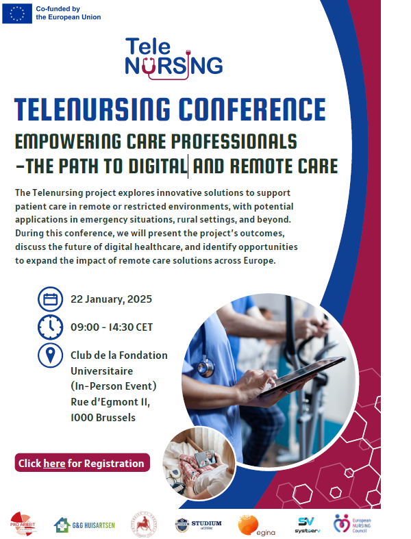 TELENURSING CONFERENCE
Event by TeleNursing
Wed, Jan 22, 2025, 9:00 AM - 3:00 PM Club de la Fondation Universitaire, Rue D'egmont 11, Brussels, 
#Telenursing, #Telecare

Event link        telenursing.eu/telenursing-co…