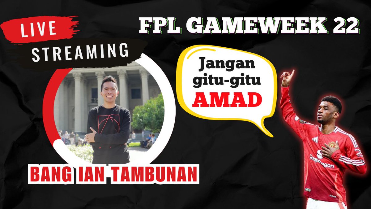 LIVE NOW - FPL Gameweek 22: Jangan Gitu-gitu Amad 😆 

Poin Amad di atas Wood, hey kamu yang panah merah jangan bad mood 🥹 

Merapat guys 🫖

youtube.com/live/N0kAWIacx…

#FPL #KoFPLI #FPLIndonesia #FantasyPremierLeague