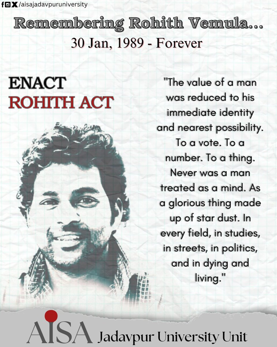 aisa_ju's tweet photo. Remembering Rohith Vemula Forever...

Enact Rohith Act

AISA Jadavpur University Unit🚩 https://t.co/3d4Hd5oUZj