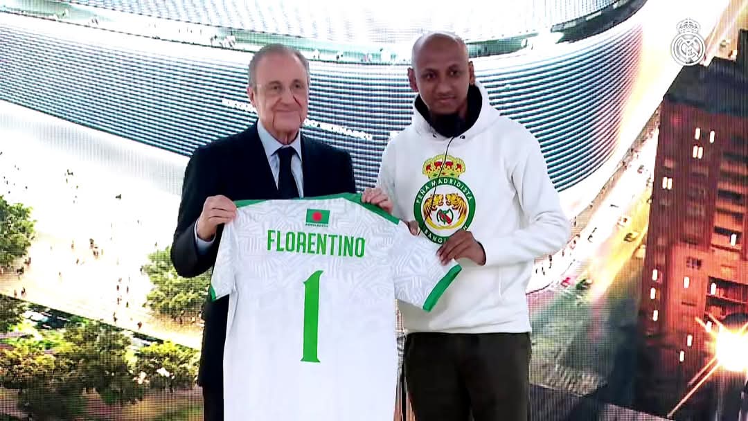 pmadridistabd's tweet photo. Historic Moment for Peña Madridista Bangladesh!

On 12th Jan 2025, we had the honor of meeting Florentino Pérez during the official Peñas meetup in Jeddah. Proud to represent Bangladesh &amp; gift him a Nakshi Kantha &amp; Bangladesh jersey!

💜 Hala Madrid y Nada Más!

#MadridistaBD https://t.co/dw9CeZiDqL