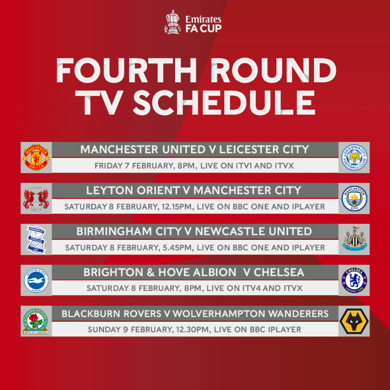 EmiratesFACup's tweet photo. The #EmiratesFACup fourth round TV picks have been selected! 📺

Swipe across for further fixtures.