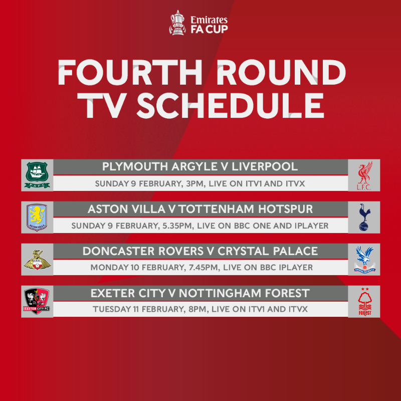 EmiratesFACup's tweet photo. The #EmiratesFACup fourth round TV picks have been selected! 📺

Swipe across for further fixtures.