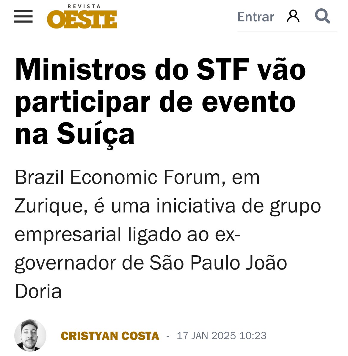 Senhoras e senhores, vai começar a Caravana Rolidei de 2025. Primeira parada: Zurich, na aprazível Suíça, onde autoridades tupiniquins farão discursos, em português, para uma plateia de empresários e jornalistas também tupiniquins. Viva a demogracinha! 🤬