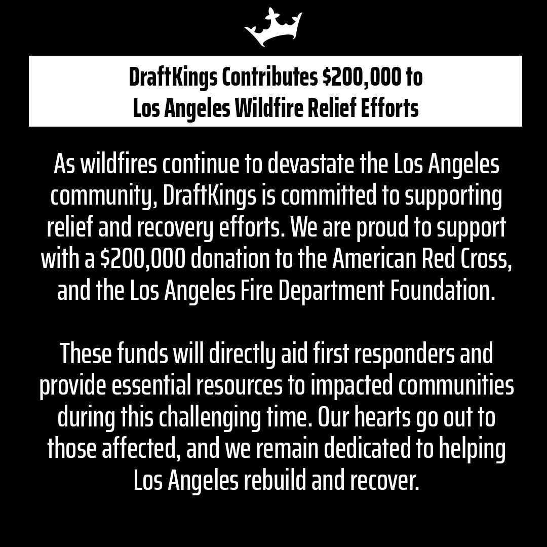 DraftKingsNews's tweet image. .@DraftKings supports those affected by the wildfires in Los Angeles.

These funds will aid first responders and provide critical resources to affected communities.

👉 Learn more and join us in supporting:
@RedCross: redcross.org
@LAFDFoundation:…