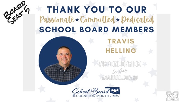 🌟✨ S#SchoolBoardRecognitionMonth: Travis Helling 

Today, we’re celebrating Board Clerk Travis Helling, the dedicated representative for Board Seat #5! He has been instrumental in shaping policies and ensuring our students, staff, and schools continue to grow and succeed. 🎉