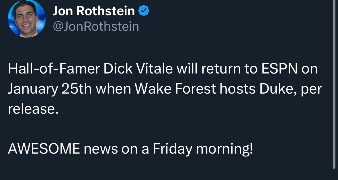 MikeHoopsPage's tweet photo. Dickie V is coming BACK and of course he’ll get to call Duke. Can we get a thread of Ws down below?

W https://t.co/jt6Nii1Fus