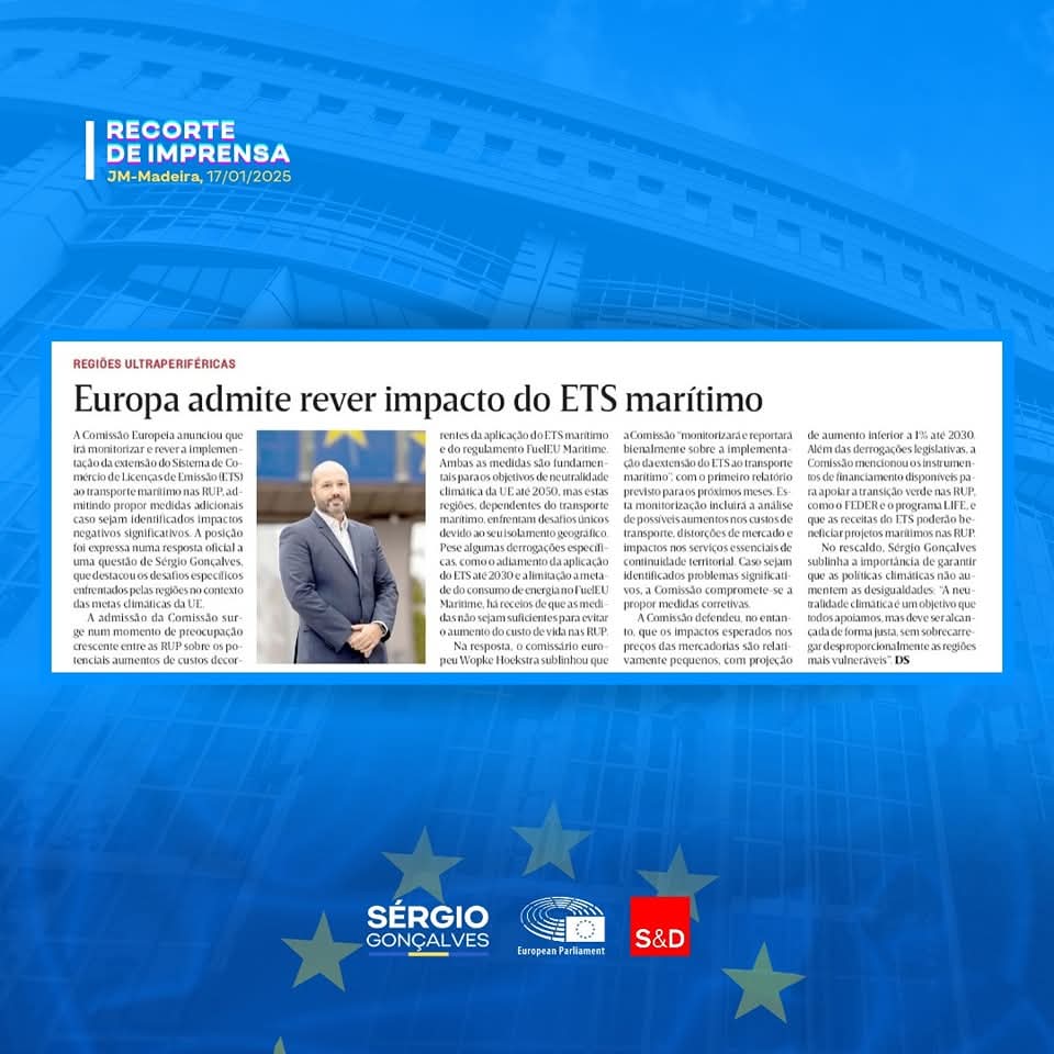 smsgoncalvespt's tweet photo. 📰 Hoje, no @jm_madeira 

A Comissão Europeia, em resposta a uma questão que coloquei, anunciou que irá monitorizar e rever a implementação da extensão do Sistema de Comércio de Licenças de Emissão (ETS) ao transporte marítimo nas regiões ultraperiféricas.

#EuropeanParlament #EU https://t.co/I4qSOGOPsT