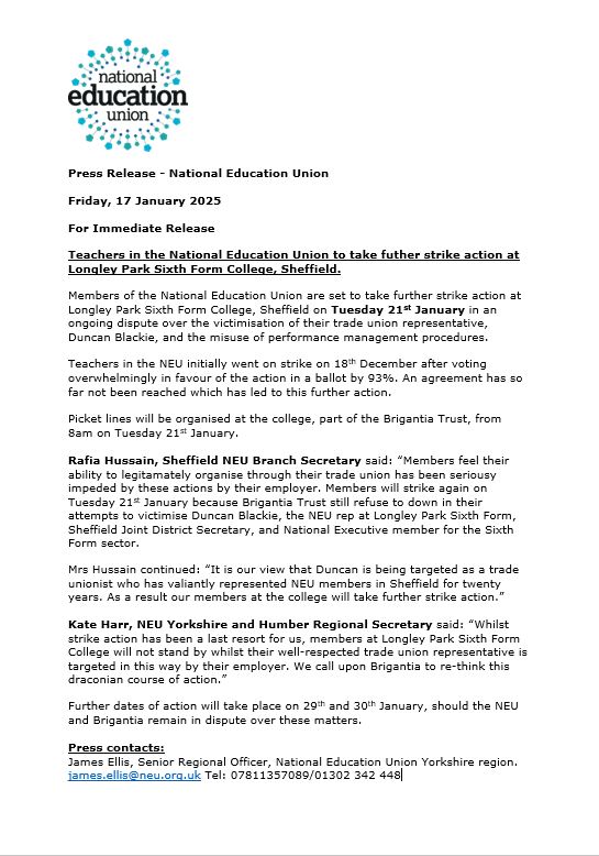 NEUYorksHumber's tweet photo. Press Release: #NEU members at Longley Park Sixth Form College, #Sheffield are on strike on Tuesday 21st January in support of their NEU rep and NEC member, Duncan Blackie. #DefendDuncan https://t.co/UPBTk9iEqt