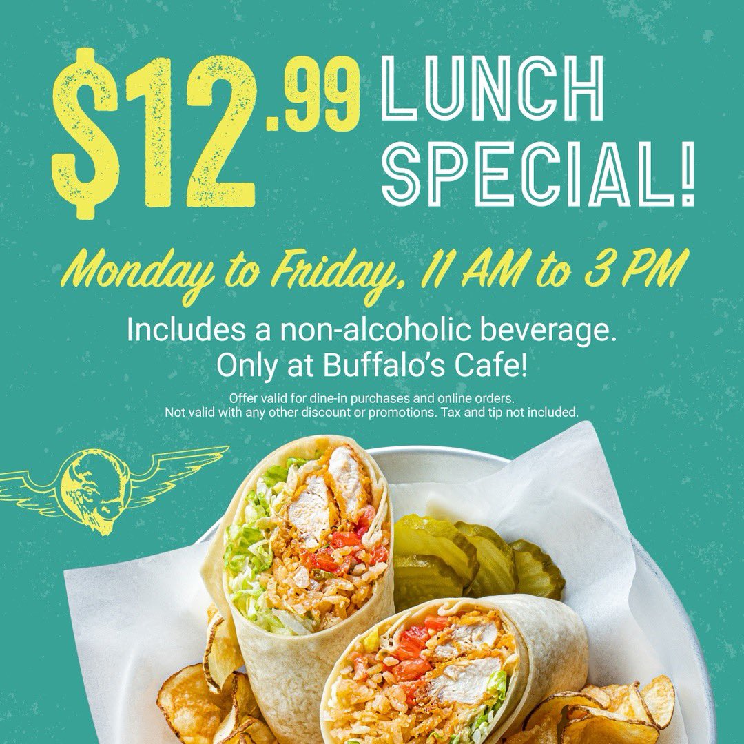 BuffalosAcworth's tweet photo. 🍽️ Lunchtime just got even better! Join us for our unbeatable $12.99 lunch special, which includes a refreshing non-alcoholic beverage to quench your thirst. Enjoy this delightful offer every Monday through Friday from 11 AM to 3 PM. Where else can you find such a fantastic deal? https://t.co/WaibGEeG6p
