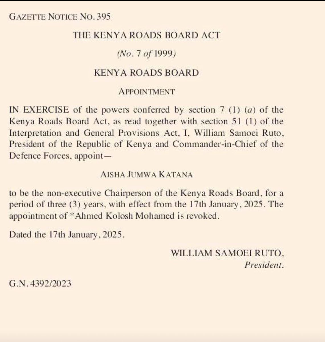 CSAishaJumwa's tweet photo. 1/3
I am deeply honored and profoundly grateful to President @WilliamsRuto for appointing me as the Chairperson of the Kenya Roads Board. This appointment is both a privilege and a call to service, to which I am fully committed to. https://t.co/GcuYP8NYmP