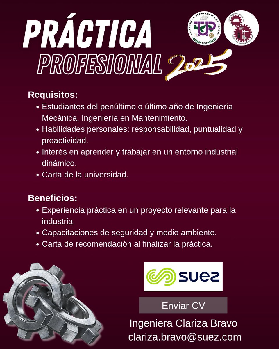 "𝐕𝐚𝐜𝐚𝐧𝐭𝐞: 𝐏𝐫𝐚𝐜𝐭𝐢𝐜𝐚𝐧𝐭𝐞 𝐏𝐫𝐨𝐟𝐞𝐬𝐢𝐨𝐧𝐚𝐥 𝐞𝐧 𝐌𝐚𝐧𝐭𝐞𝐧𝐢𝐦𝐢𝐞𝐧𝐭𝐨" 

Se parte del emocionante proyecto "Optimización del Plan de Mantenimiento Basado en Criticidad".

🗓️Duración: 4 a 6 meses (Modalidad presencial)