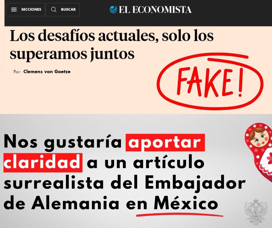 🚨🇲🇽Nos gustaría aportar claridad a un artículo surrealista del Embajador de Alemania en México, que parece estar diseñado para #desinformar deliberadamente a la sociedad mexicana.

❗️Hablando del conflicto en Ucrania, el honorable embajador omitió mencionar que el régimen de