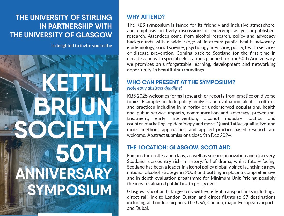 SHAAP (@shaapalcohol) on Twitter photo 📢Registration now open!
<a href="/StirUni/">University of Stirling</a> and <a href="/UofGlasgow/">University of Glasgow</a> would like to extend a warm invitation to join them for the 50th Anniversary KBS Symposium.
🌎Glasgow
📅9th to 13th June 2025
Register here: kbs2025scotland.org/registration_f… 📢Registration now open!
<a href="/StirUni/">University of Stirling</a> and <a href="/UofGlasgow/">University of Glasgow</a> would like to extend a warm invitation to join them for the 50th Anniversary KBS Symposium.
🌎Glasgow
📅9th to 13th June 2025
Register here: kbs2025scotland.org/registration_f…