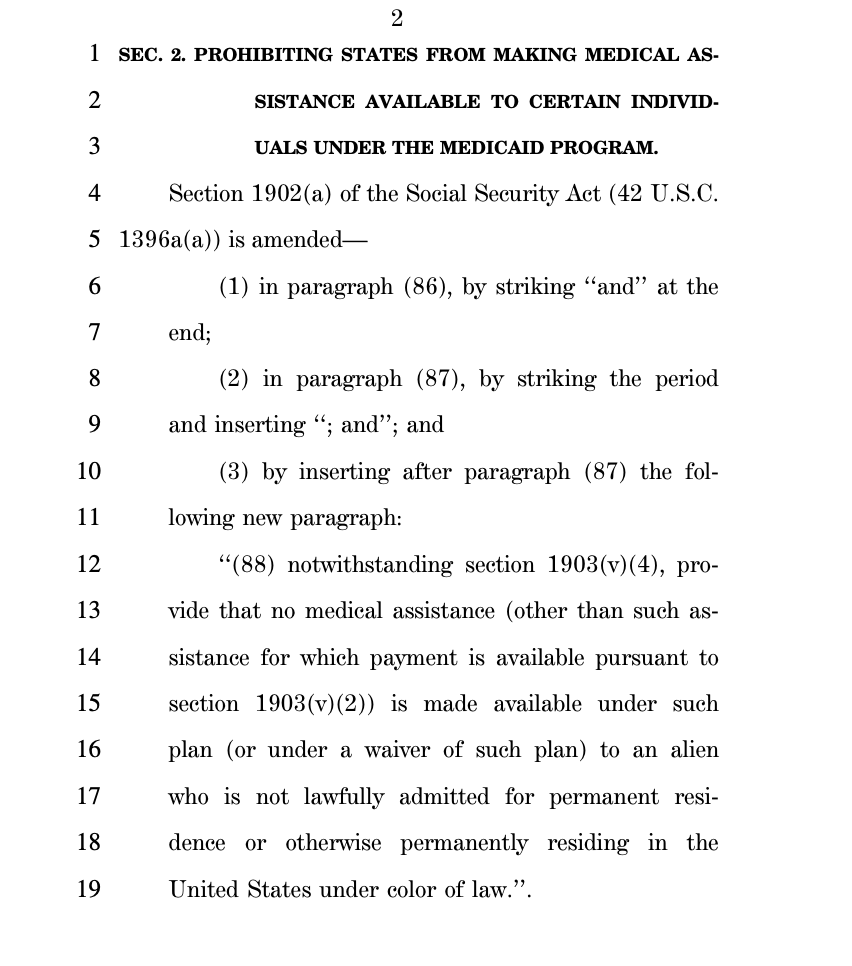 I am introducing legislation to prohibit states from using Medicaid funds on illegal immigrants. California is currently spending billions each year for this purpose.

Those funds would be better used on wildfire prevention, to take one example.