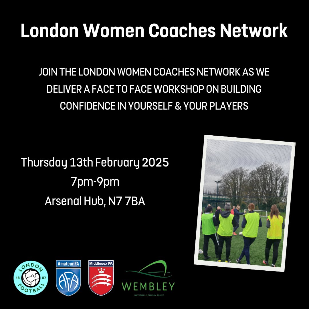 Join the London Women Coaches Network for this face to face session on Building Confidence in Yourself and Your Players.

It will look at developing &amp; using a planning model and session design.

🗓️Thursday 13 February
🕐7pm
📌Arsenal Hub, N7 7BA
Sign up: forms.office.com/e/WLVwPSL2YU