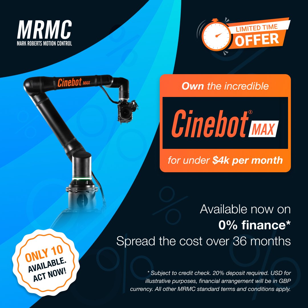 mrmoco1's tweet image. NEW LIMITED-TIME OFFER: OWN THE #CINEBOTMAX FOR UNDER $4K PER MONTH (T&amp;amp;Cs APPLY)

Only 10 units are available at this special rate, so don’t wait!

Click the link in our bio to register your interest, and our sales team will be in touch:

#MotionControl #SpecialOffer