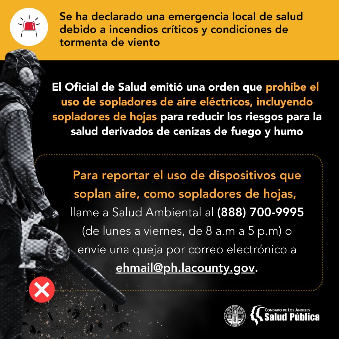 BurbankCA's tweet photo. ❌❗REMINDER PER LA COUNTY: Public Health has implemented a temporary countywide ban on the use of power air blowers, including leaf blowers, until further notice due to the poor air quality from wildfires.

🔗 English: https://t.co/kdhAYPQe5N
🔗 Español: https://t.co/8qFBzvL2lR https://t.co/ZRJTuPk5qK