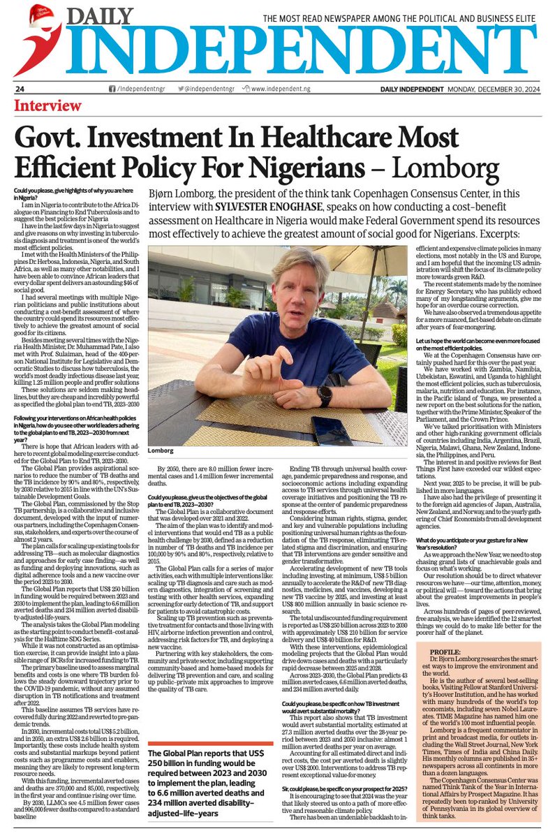 Stop TB Partnership (@stoptb) on Twitter photo “I have suggested and given reasons to #Nigeria on why investing in #TB diagnosis and treatment is one of the world’s most efficient policies” <a href="/BjornLomborg/">Bjorn Lomborg</a> to #Nigerian outlet Daily Independent. Lomborg is contributing to African's dialogue on Financing to #endTB & best polices “I have suggested and given reasons to #Nigeria on why investing in #TB diagnosis and treatment is one of the world’s most efficient policies” <a href="/BjornLomborg/">Bjorn Lomborg</a> to #Nigerian outlet Daily Independent. Lomborg is contributing to African's dialogue on Financing to #endTB & best polices