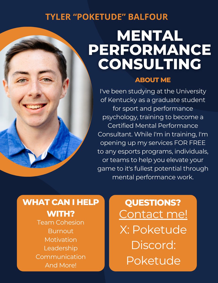 Over the past year and a half, I've been studying mental performance and I'm looking to open my services FOR FREE to any esports programs, athletes, or teams that are interested. Feel free to message here on X or on discord (poketude) if you want more information!