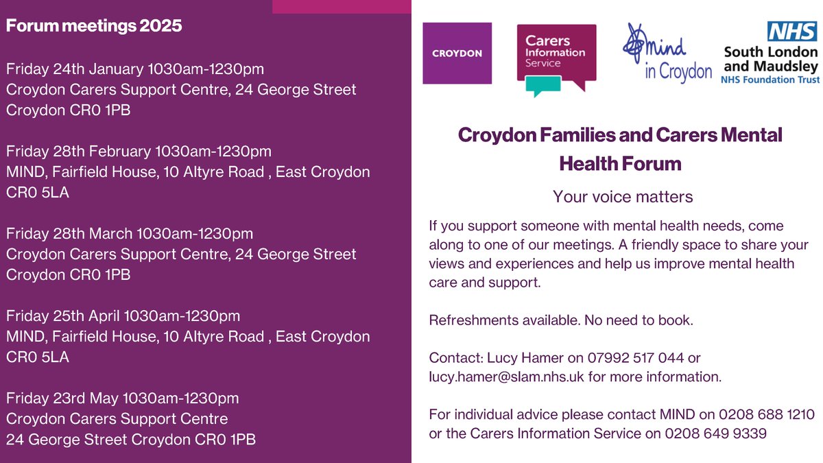 Carers Information Service (@informingcarers) on Twitter photo We're proud to be working in partnership with <a href="/MaudsleyNHS/">NHS Maudsley</a> and <a href="/MindinCroydon/">Mind in Croydon</a> to host a Croydon Families and Carers Mental Health Forum. Join us at the Carers Support Centre, 24 George Street, CR0 1PB, next Friday 16 Jan at 10.30am We're proud to be working in partnership with <a href="/MaudsleyNHS/">NHS Maudsley</a> and <a href="/MindinCroydon/">Mind in Croydon</a> to host a Croydon Families and Carers Mental Health Forum. Join us at the Carers Support Centre, 24 George Street, CR0 1PB, next Friday 16 Jan at 10.30am