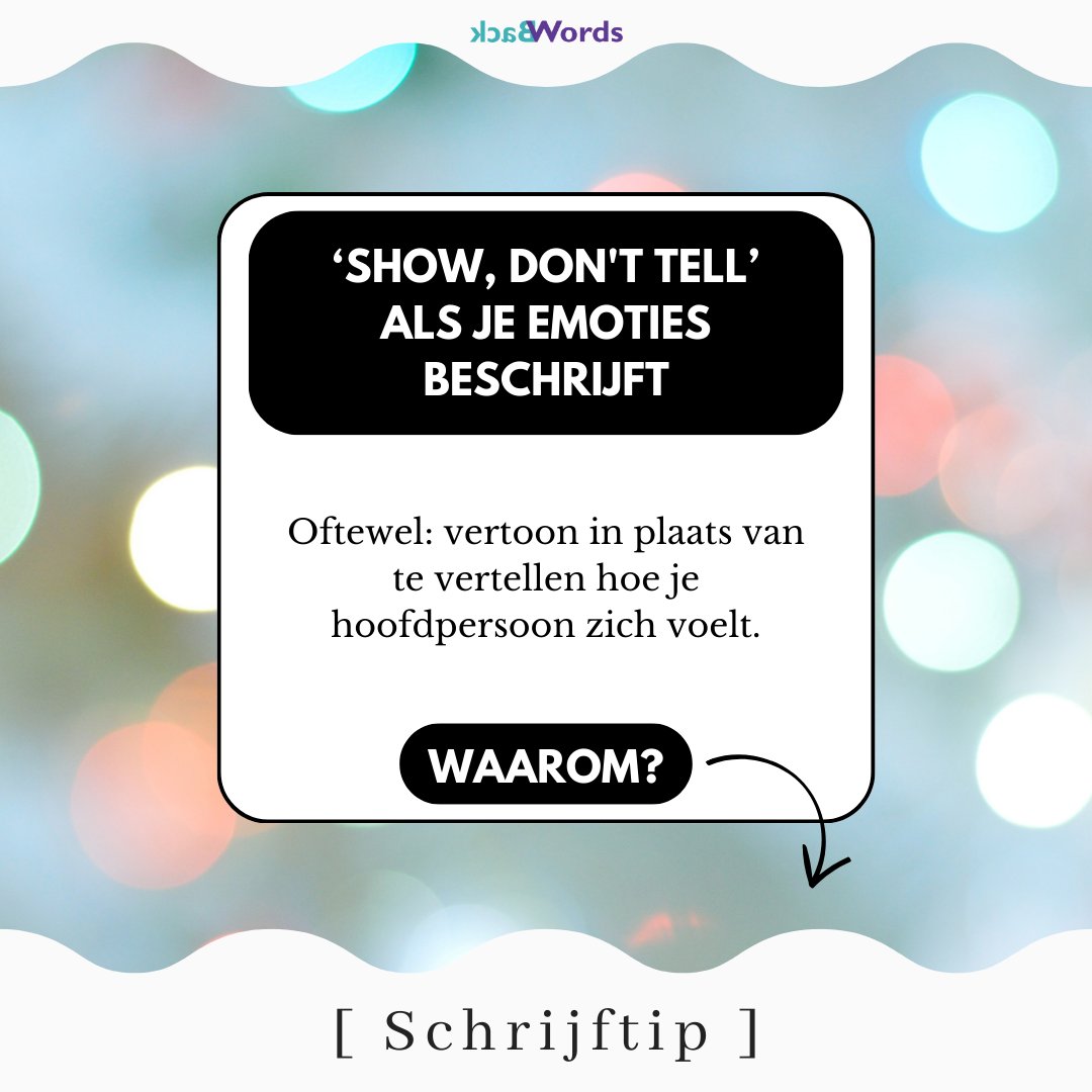 ☆ Show, don't tell ☆

Je kun natuurlijk gewoon zeggen: Marie was blij/boos/etc.

Interessanter is het om de lezer die conclusie zelf te laten trekken. Bijvoorbeeld: Marie smeet het kopje tegen de muur.

Meer tips? Lees dan deze blog: backwords.eu/blog/4-tips-vo…
-
#schrijftip