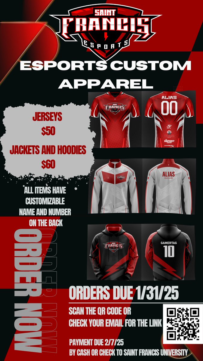 Here's an Exciting Opportunity to get your own customized SFU Esports Apparel! NO SHIPPING MUST PICK UP AT SFU
Please use axh178.mfs.gg/hqTbCoc or the QR Code in Image by 1/31