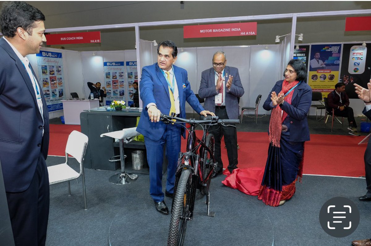 amitabhk87's tweet photo. Delighted to inaugurate AOKI Mobility, a pioneering initiative by two young colleagues who worked with me in Niti Aayog- @diewakarr and @randheer singh . 
E-bicycles have the transformative potential to redefine urban transport.  Their E-bicycles are cutting edge and designed for resilient, climate-conscious, and future-ready cities. Their mountaineering model aptly termed as “SHERPA” . These are extremely light and foldable 🚴🚴‍♀️ E- bikes .#BharatMobilityExpo #BharatMobilityGlobalExpo2025