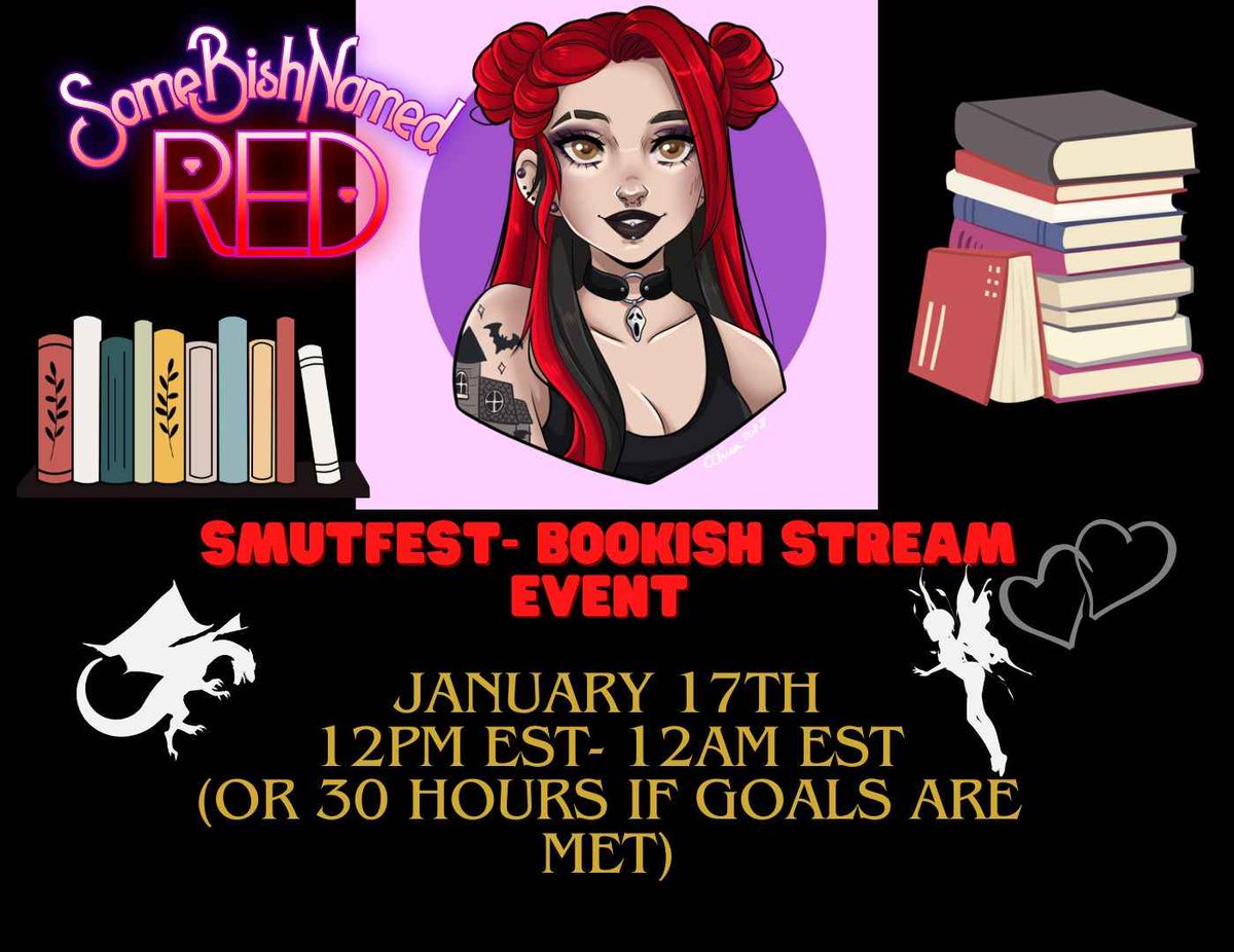 Today is the big day for <a href="/BishNamedRed/">Red</a> and her SMUTFEST bookish event! For those who love #books &amp; #gaming, we'll have activities going on &amp; much more! Please come hang out with us all day TODAY!!! 
twitch.tv/somebishnamedr…