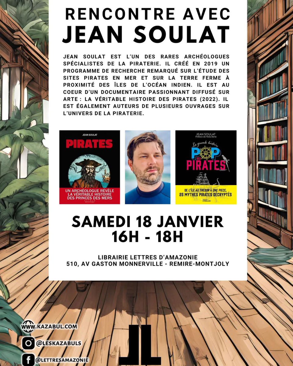 Je serai demain après-midi à la librairie Lettres d’Amazonie de <a href="/remiremontjoly/">Rémire-Montjoly</a> en Guyane pour une séance de dédicaces et d’échanges autour des pirates <a href="/de_piraterie/">Archéologie de la Piraterie des XVIIe-XVIIIe s</a> <a href="/Alisio_editions/">Alisio</a> <a href="/Eyrolles/">Eyrolles</a>