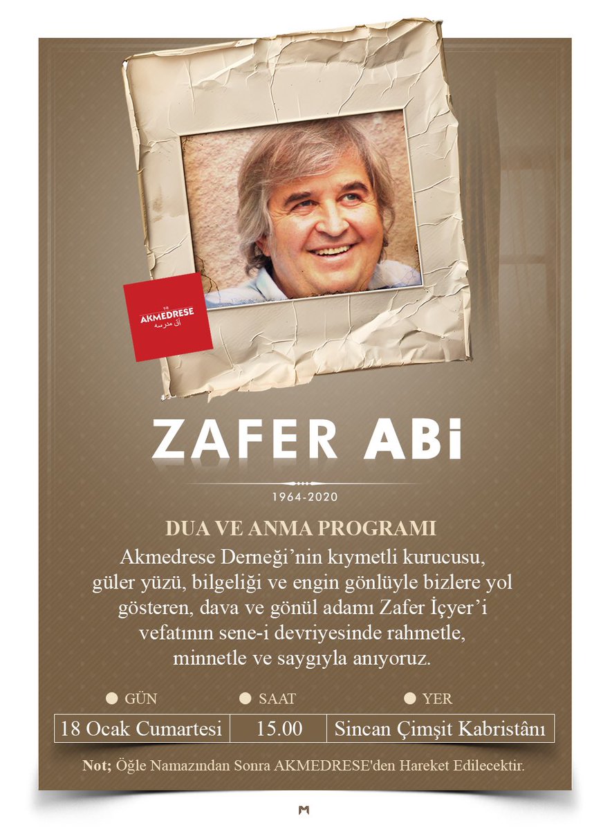 DUA VE ANMA PROGRAMI

Akmadrese Derneği'nin kıymetli kurucusu, güler yüzü, bilgeliği ve engin gönlüyle bizlere yol gösteren, dava ve gönül adamı Zafer İçyer'i vefatının sene-i devriyesinde rahmetle, minnetle ve saygıyla anıyoruz.

#Zaferİçyer #ZaferAbi #Akmedrese #DavaAdamı