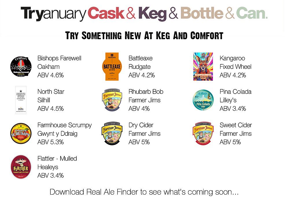 Kegandcomfort_micropub (@kmicropub) on Twitter photo On the bar today!
Beer Board: goo.gl/BCjKCK
#tryanuary <a href="/OakhamAles/">Oakham Ales</a> <a href="/rudgatebrewery/">Rudgate Brewery</a> <a href="/FixedWheelBrew/">Fixed Wheel Brewery</a> <a href="/silhillbrewery/">Silhill Brewery</a> #FarmerJimsCider <a href="/lilleyscider/">Lilley's Cider</a> <a href="/Gwyntyddraig/">gwyntcider</a> <a href="/HealeysCyder/">Healeys Cyder 〓〓</a>
#RealAleFinder On the bar today!
Beer Board: goo.gl/BCjKCK
#tryanuary <a href="/OakhamAles/">Oakham Ales</a> <a href="/rudgatebrewery/">Rudgate Brewery</a> <a href="/FixedWheelBrew/">Fixed Wheel Brewery</a> <a href="/silhillbrewery/">Silhill Brewery</a> #FarmerJimsCider <a href="/lilleyscider/">Lilley's Cider</a> <a href="/Gwyntyddraig/">gwyntcider</a> <a href="/HealeysCyder/">Healeys Cyder 〓〓</a>
#RealAleFinder