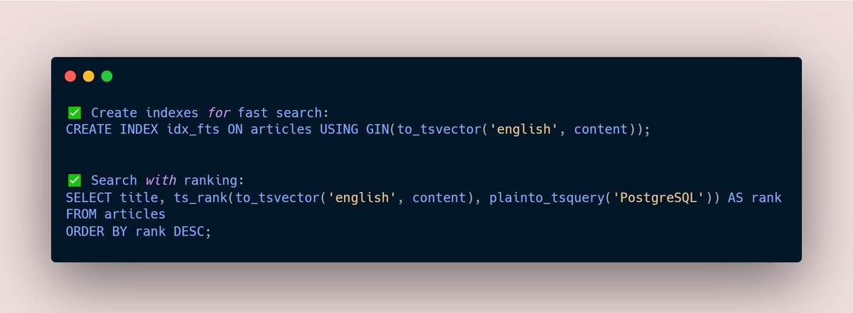 aniketnofficial's tweet image. PostgreSQL can handle full-text search out of the box. 🔍

#SQL #Database #PostgresSQL