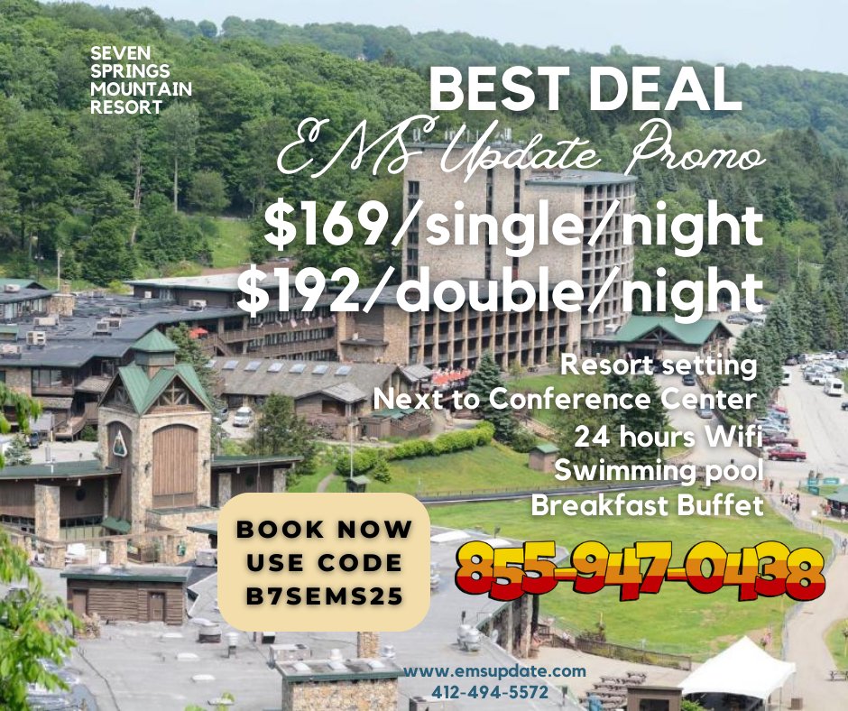 Coming to EMS Update 2025 at Seven Springs Mountain Resort March 20-22?

Book now for the best rates on hotel rooms!

Bringing a group? Ask about rates in one of the Seven Springs chalets; they are located very close to the main lodge and can accommodate 6-18 guests.
