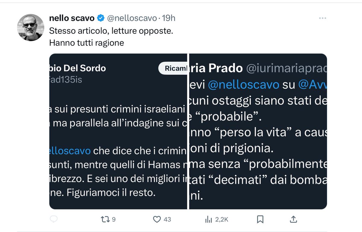 <a href="/nelloscavo/">nello scavo</a> <a href="/Avvenire_Nei/">𝐀𝐯𝐯𝐞𝐧𝐢𝐫𝐞</a> Conta quello che dico io perché io ho riportato ciò che ha scritto lei, che invece si affida, a riequilibrare, alle stupidaggini della plebaglia.
E poi conta quello che dico io perché io sono io. Un po’ di umiltà, Scavo. Piegare la schiena, chiedere scusa. Mica fa male.