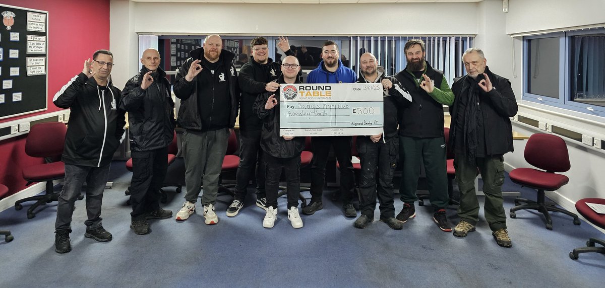 BarnsleyRT's tweet photo. We recently donated £500 to Andys Man Club Barnsley (Honeywell). A portion of this went towards new winter merchandise. Now the brand can be represented whilst greeting attendees out in the cold months! The remaining amount was sent to AMC head office, to fund the vital work that keeps the charity running behind the scenes.

On average one man every two hours takes his life in the UK. It’s often said to be a factor is that men don’t talk. That’s why ANDYSMANCLUB was born. Established in 2016 by Luke Ambler, Andy’s brother-in-law, the aim of the club is to break down these stigmas, support men struggling, and lend a hand to suicide prevention.

#ITSOKAYTOTALK