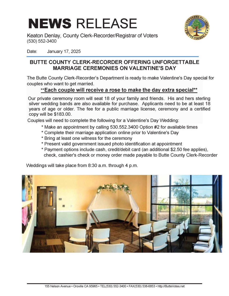 We are taking wedding ceremony reservations for Valentine's Day!

Reserve your spot for your special day by calling (530)552-3400.