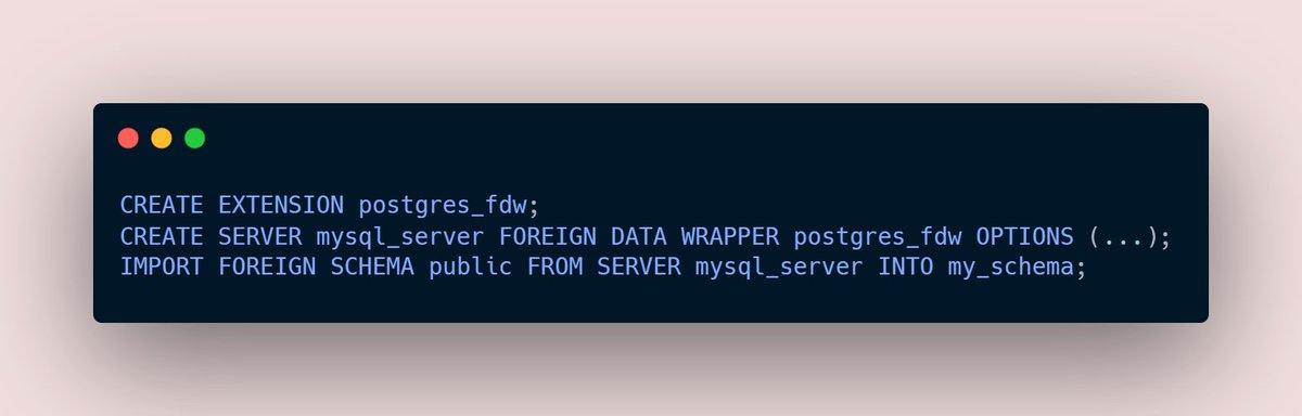 aniketnofficial's tweet image. Need to query external databases or APIs? Use Foreign Data Wrappers! 🌐
✅ Access MySQL, MongoDB, or even CSV files directly in PostgreSQL.
✅A unified query experience across systems! #PostgresFDW
#PostgresSQL