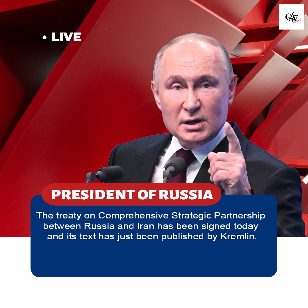 thegwupdates's tweet photo. The treaty on Comprehensive Strategic Partnership between #Russia and #Iran 

Read Full Article: https://t.co/rclaEp2QqX

#latestnews #latest #putin #russia #iran #gaonwallahupdates #instagram #updates #internationalnews https://t.co/vbHF7hMDcb