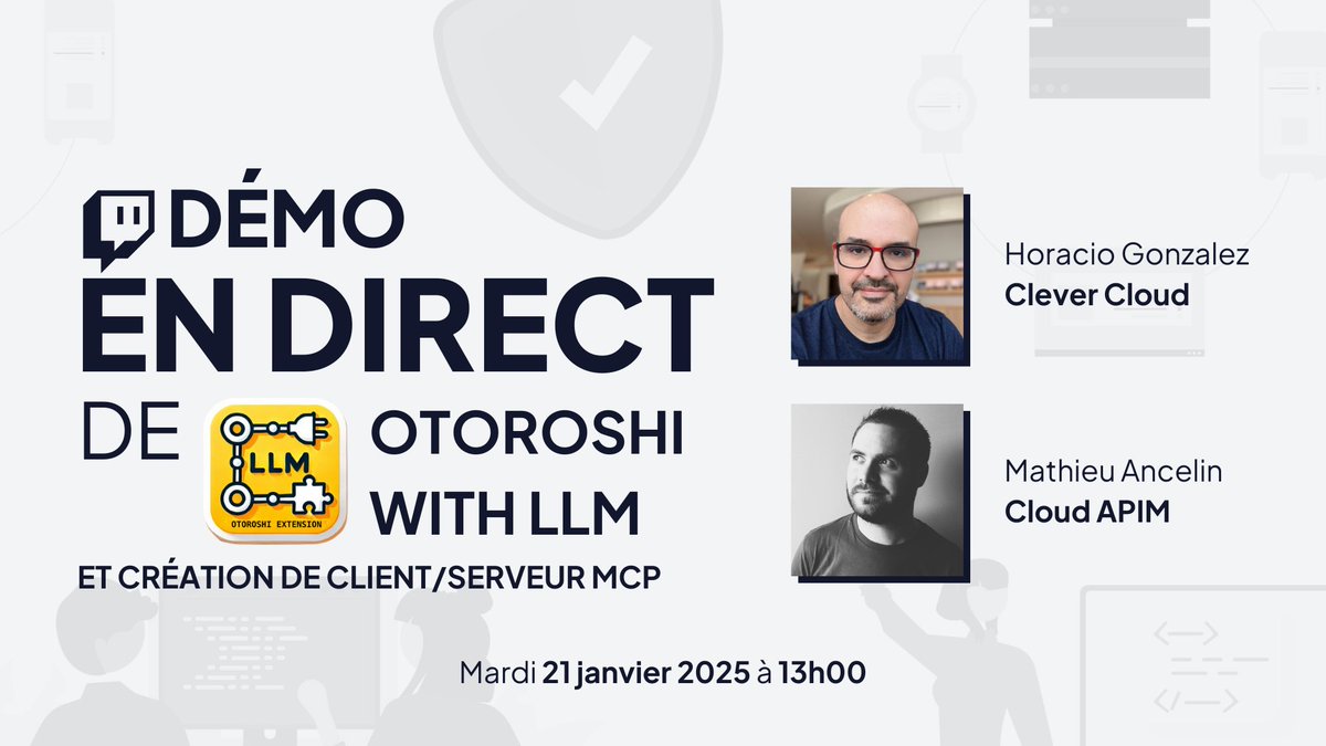 [LIVE] Lors du précédent live, <a href="/LostInBrittany/">Horacio González 🇪🇺 🥑</a> et <a href="/TrevorReznik/">Mathieu Ancelin</a> ont présenté Otoroshi with LLM ! Dans ce prochain live, ils exploreront la création de client et/ou serveur MCP en toute simplicité !
📍Mardi 21 à 13h sur Twitch, Youtube et Linkedin !
twitch.tv/clevercloud