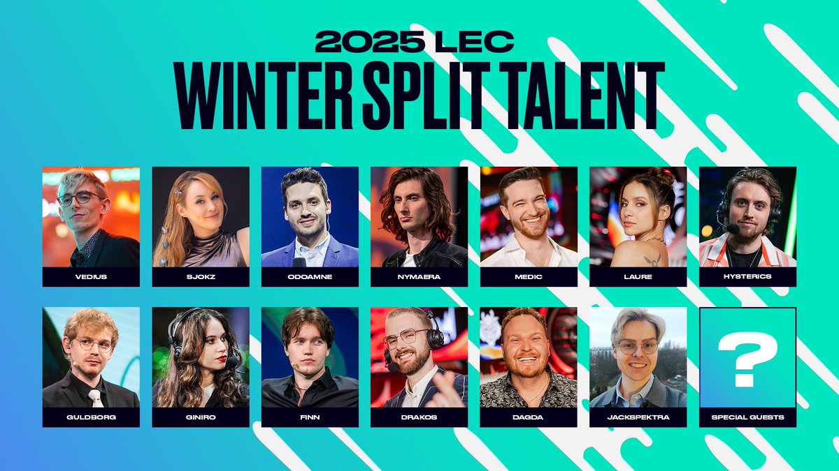 LEC (@lec) on Twitter photo Your 2025 #LEC Winter Split On-Air Talent! 🎙️
<a href="/Vedius/">Andy Day</a> <a href="/sjokz/">Eefje Depoortere</a> <a href="/Odoamne/">Andrei Pascu</a> <a href="/Nymaera/">Alex ‘Nymaera’ Hapgood</a> <a href="/MedicCasts/">Medic</a> <a href="/LaureBuliiV/">Laure Valée</a> <a href="/HystericsCasts/">Hysterics</a> <a href="/GuldborgReal/">Mikkel "Guldborg" Guldborg</a> <a href="/Giniiiro/">Keltoum| كلثوم 🇲🇦</a> <a href="/FinnLoL/">Finn</a> <a href="/DanielDrakos/">Drakos</a> <a href="/DagdaCasts/">Rob Price</a> <a href="/Jackspektra/">Jackspektra</a>
...and a few special guests! Your 2025 #LEC Winter Split On-Air Talent! 🎙️
<a href="/Vedius/">Andy Day</a> <a href="/sjokz/">Eefje Depoortere</a> <a href="/Odoamne/">Andrei Pascu</a> <a href="/Nymaera/">Alex ‘Nymaera’ Hapgood</a> <a href="/MedicCasts/">Medic</a> <a href="/LaureBuliiV/">Laure Valée</a> <a href="/HystericsCasts/">Hysterics</a> <a href="/GuldborgReal/">Mikkel "Guldborg" Guldborg</a> <a href="/Giniiiro/">Keltoum| كلثوم 🇲🇦</a> <a href="/FinnLoL/">Finn</a> <a href="/DanielDrakos/">Drakos</a> <a href="/DagdaCasts/">Rob Price</a> <a href="/Jackspektra/">Jackspektra</a>
...and a few special guests!