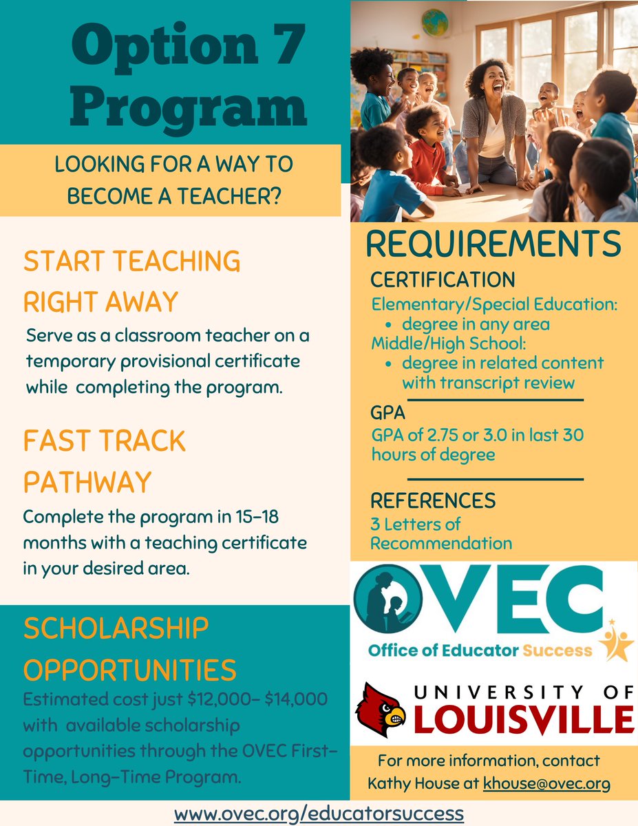 Kathymhouse's tweet image. Interested in becoming a teacher, but don’t have a degree in education? Check out OVEC’s Option 7 program in partnership with the University of Louisville! Learn more about the program here: lnkd.in/gTred9-9

Contact khouse@ovec.org
@OVECkyed