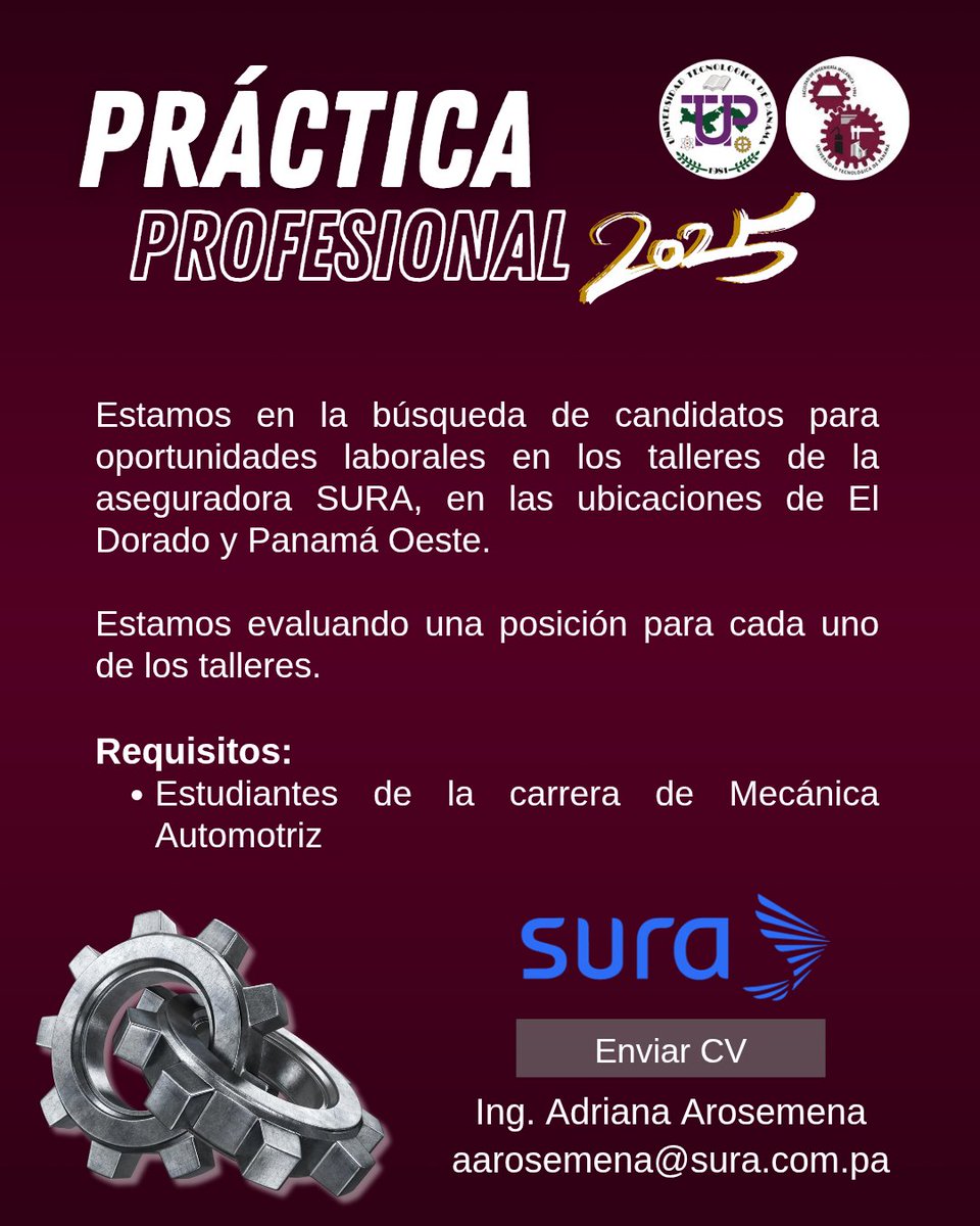 ¡Oportunidad: Estudiantes de Mecánica Automotriz!

Seguros SURA Panamá abre sus puertas para recibir a estudiantes interesados en realizar sus prácticas profesionales en los talleres de nuestras sucursales en El Dorado y Panamá Oeste.