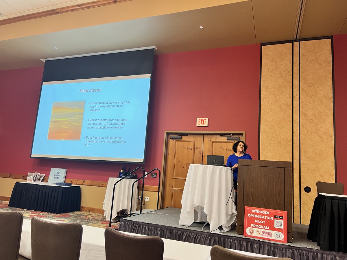 Jenny Bolivar-Medina, Scientist in Plant and Agroecosystem Sciences at UW-Madison, presents her research on the effect of heat stress on cranberry fruit rot development at the 2025 Wisconsin Cranberry School annual meeting.