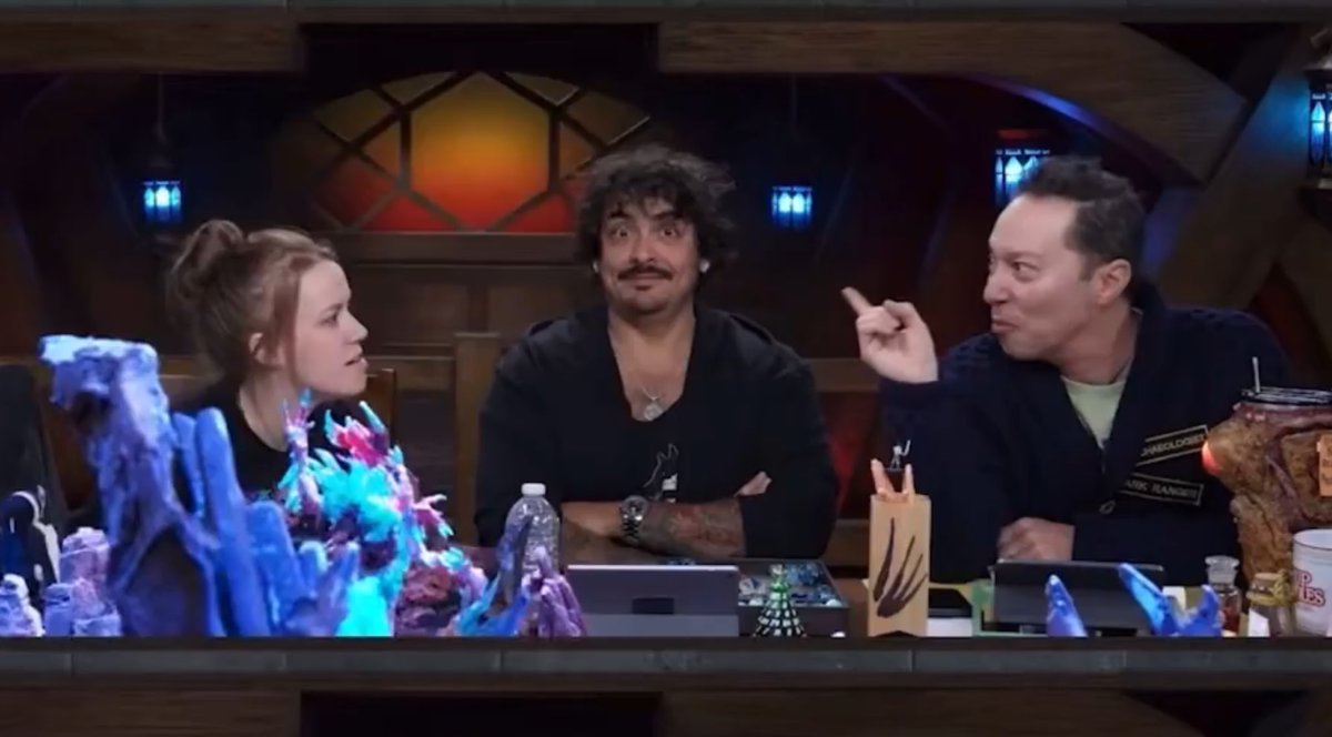 criticallyhails's tweet photo. Robbie sitting in-between Marisha and Sam as Laudna faces Braius’ betrayal is me when I am faced with any conflict.

#CriticalRoleSpoilers https://t.co/sKPaBPziO0