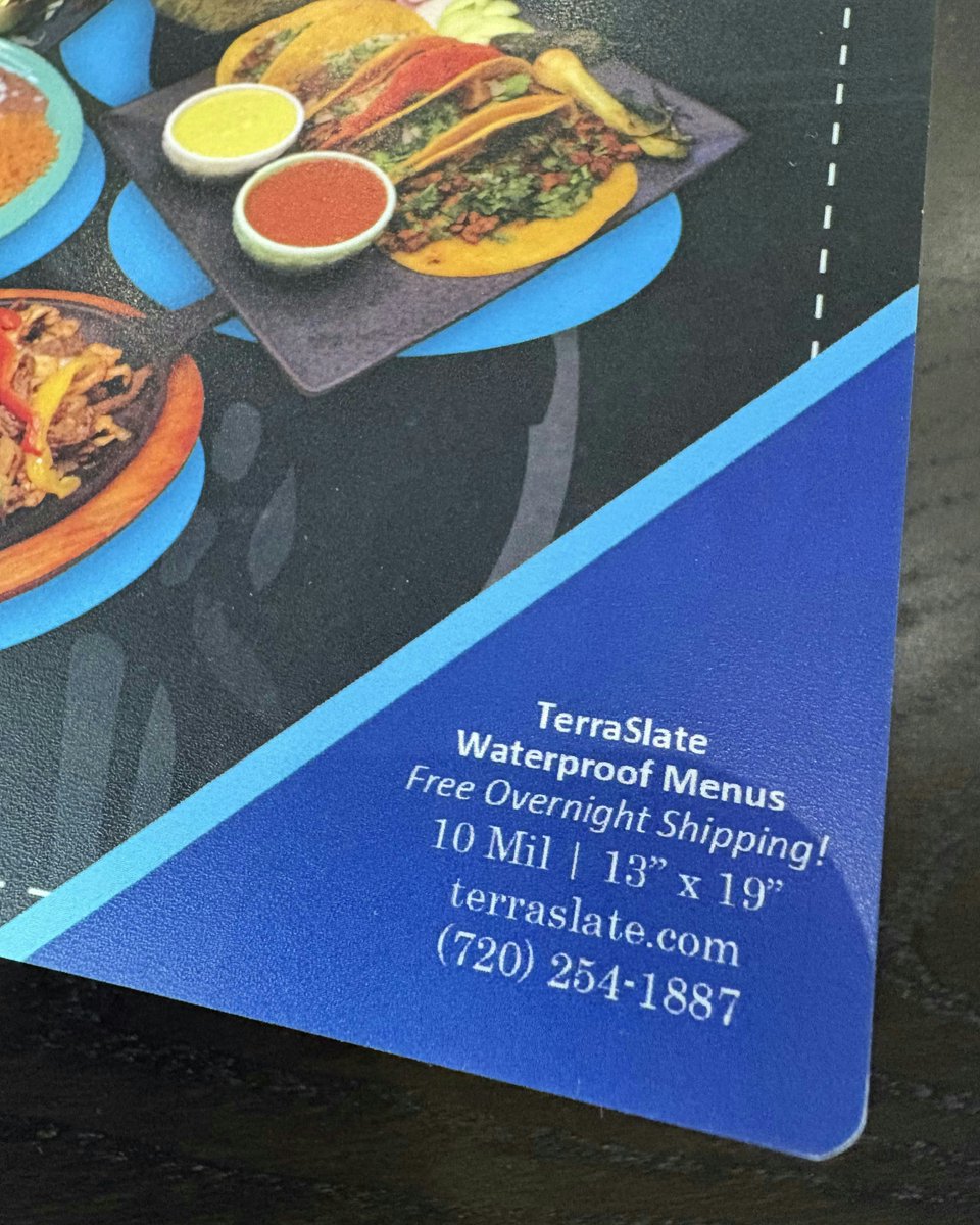 TerraSlatePaper's tweet photo. Looking for durable #trifold #menus? 🌮 This 13"x19" menu, printed on waterproof, tear-proof 10 Mil TerraSlate Paper, is easy to clean &amp; built to last! 💧✨ #RestaurantMenus #TerraSlatePaper https://t.co/wfJ5bQF3nW