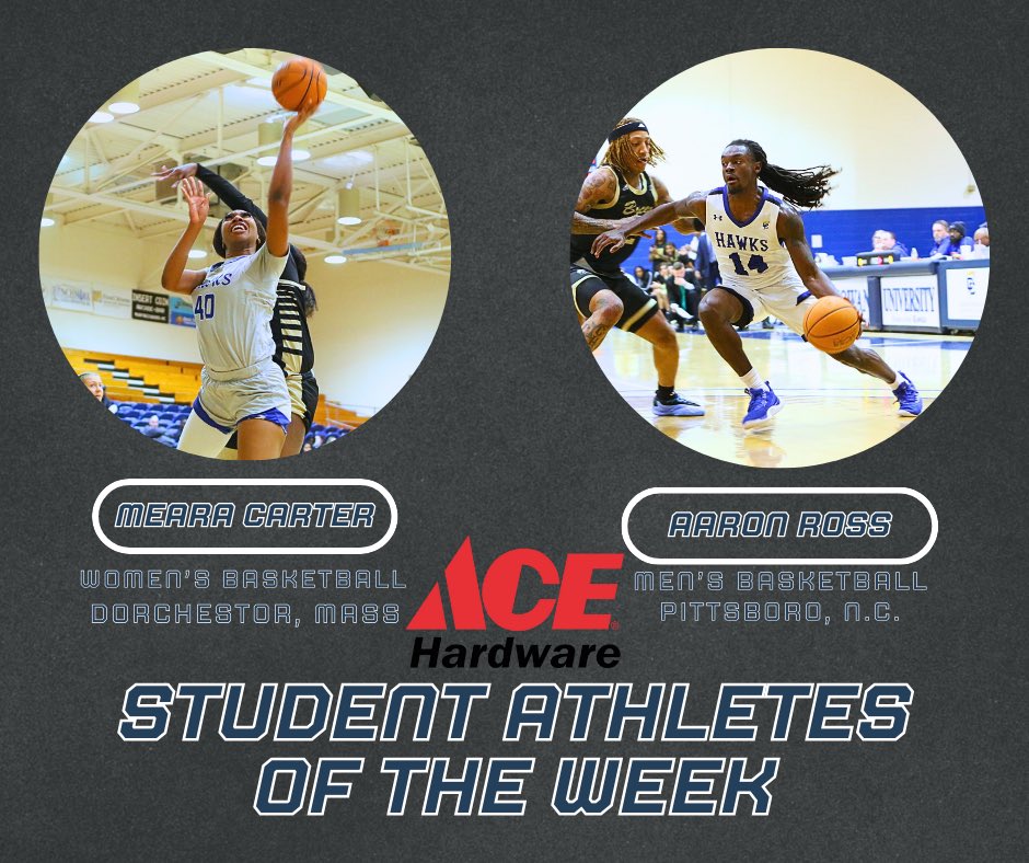 Chowan Athletics (@cuhawks) on Twitter photo Ace Hardware Student-Athletes Of The Week | Jan. 17 | Meara Carter of <a href="/ChowanWBB/">Chowan Women's Hoops</a> 🏀 and Aaron Ross of <a href="/CHOWANMBB/">CHOWAN MBB</a> ⛹️♂️ Ace Hardware Student-Athletes Of The Week | Jan. 17 | Meara Carter of <a href="/ChowanWBB/">Chowan Women's Hoops</a> 🏀 and Aaron Ross of <a href="/CHOWANMBB/">CHOWAN MBB</a> ⛹️♂️