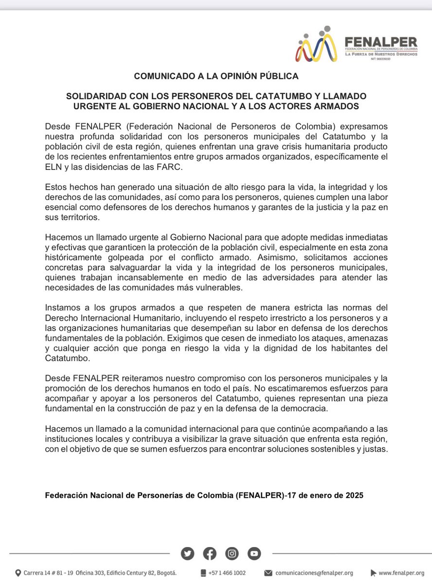 FenalperCo's tweet photo. Comunicado solidaridad con personeros del Catatumbo @DefensoriaCol @PGN_COL @CICR_co @USAID_Colombia @SuizaColombia @USEmbassyBogota @ONUHumanRights @petrogustavo @MinInterior @mindefensa @BluRadioCo @elespectador @OmbudspersonFi @IvanCepedaCast @diogenesqa @ConsejeriaDDHH https://t.co/wSQg97FsH3