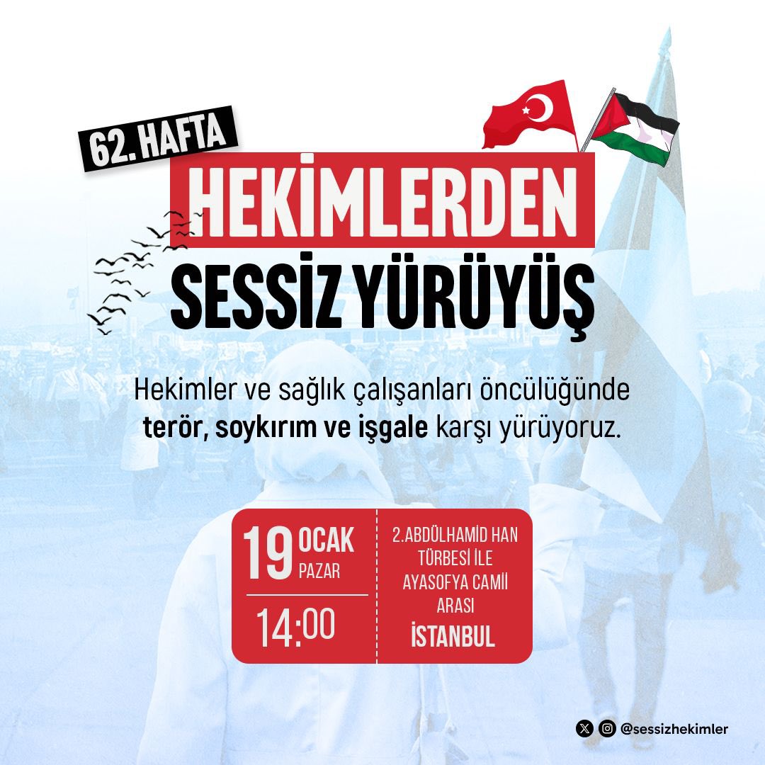 🇹🇷🇵🇸 62 haftadır sürdürdüğümüz sessiz yürüyüş eylemlerimizi, ateşkes anlaşmasına varılması doğrultusunda sonlandırıyoruz. Eylemlerimiz sona erse de her zaman ve her yerde hakkı haykırmaktan, mazlumların yanında olmaktan geri kalmayacağız.

🗓️19 Ocak Pazar
⏰14:00 
📍 İstanbul