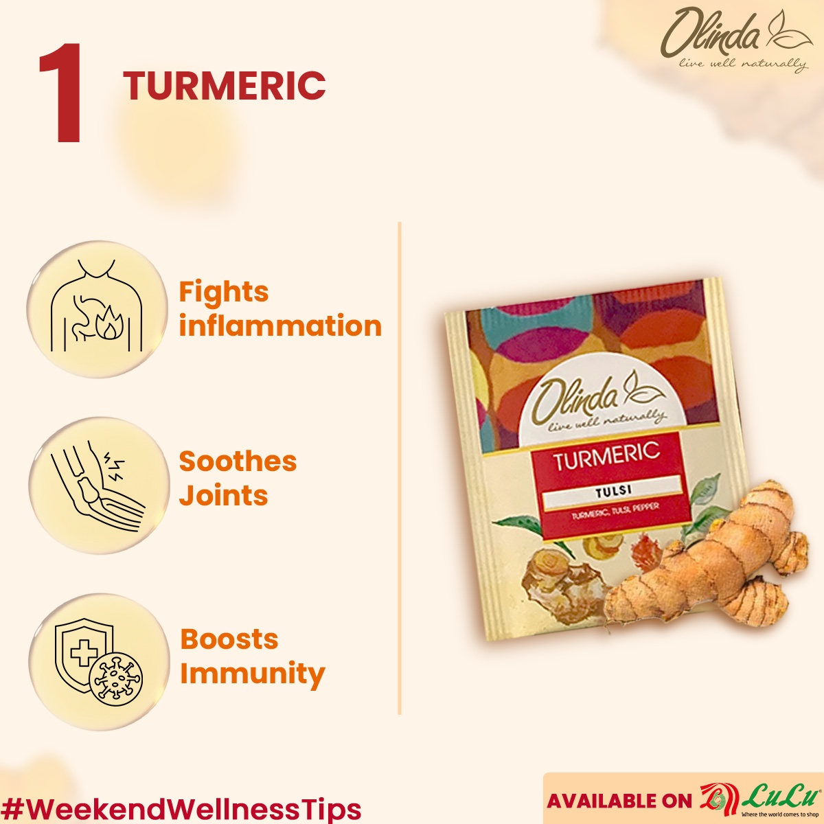 GccOlinda's tweet photo. Kickstart your weekend with Olinda Turmeric Tulsi! Boost immunity, soothe joints and recover naturally with turmeric, tulsi and pepper

Buy your tea packs at @luluhypermarkets  - https://t.co/8MxamN8Lw6 

#OlindaTea #LiveWellNaturally #LuLuUAE #HappyAtLuLu #LuluHypermarket https://t.co/ocLqn7uKFn
